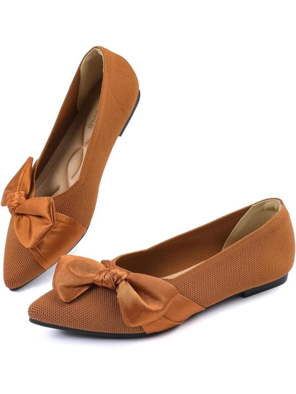 Women's Brown Mesh Pointed Toe Ballet Slip On Comfortable  Flats with Bow Shoes